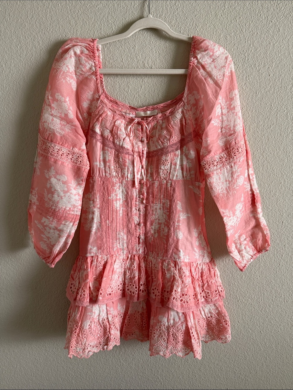 LoveShackFancy Coral Pink Floral Lace-Tiered Mini Dress